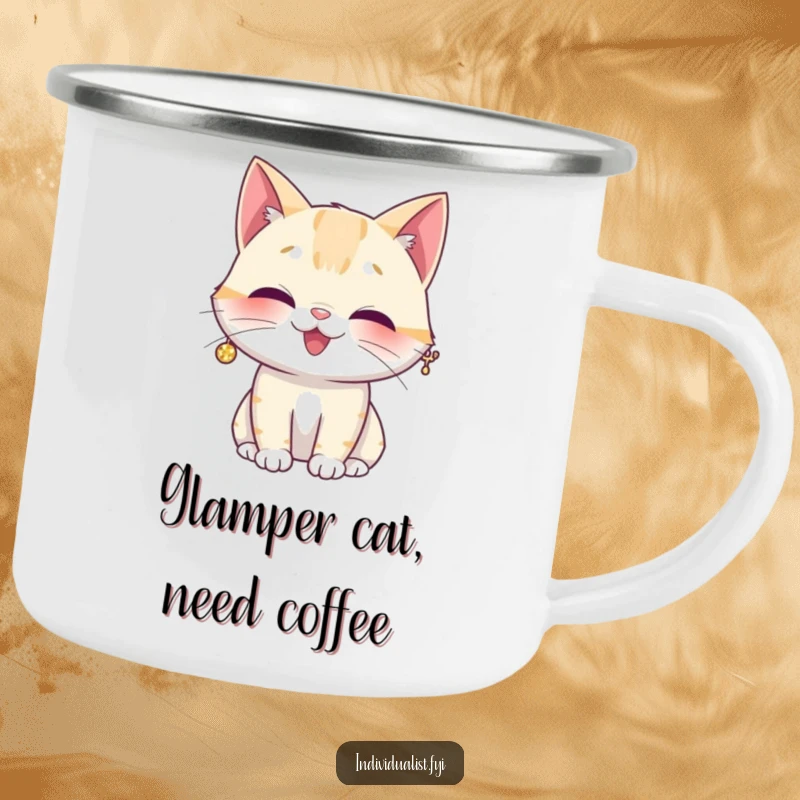 Funny camping mug with a giggling cat wearing one large, sparkling earring, enjoying the outdoors with a grin.