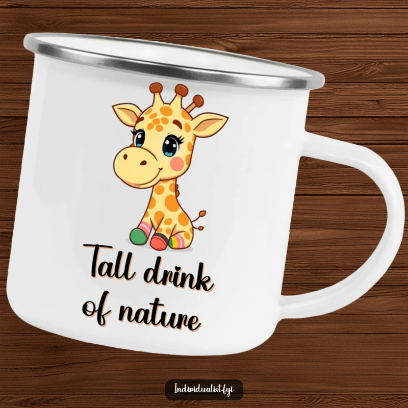 Funny Giraffe Camping Mug: Happy giraffe wearing mismatched colorful socks, embodying fun and humor outdoors.