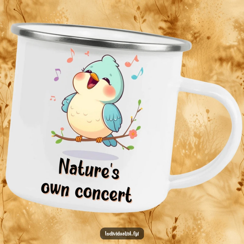 Funny camping mug with a happy bird singing a unique melody, perfect for enjoying nature and coffee.