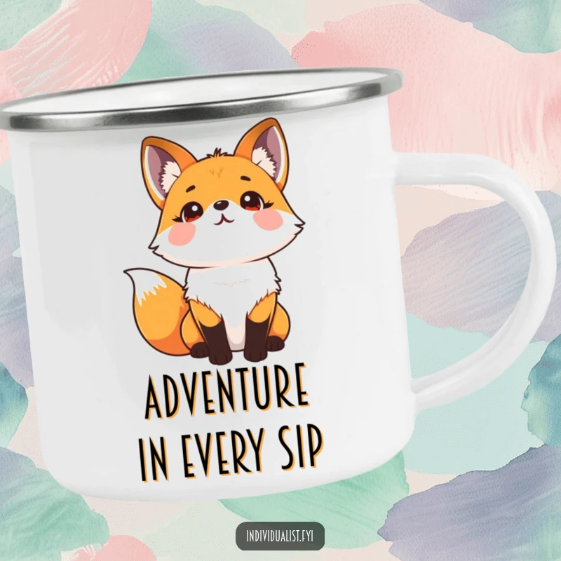 Funny camping mug depicting a cheerful fox with a spectacular kaleidoscope fur pattern, looking upwards at the stars.