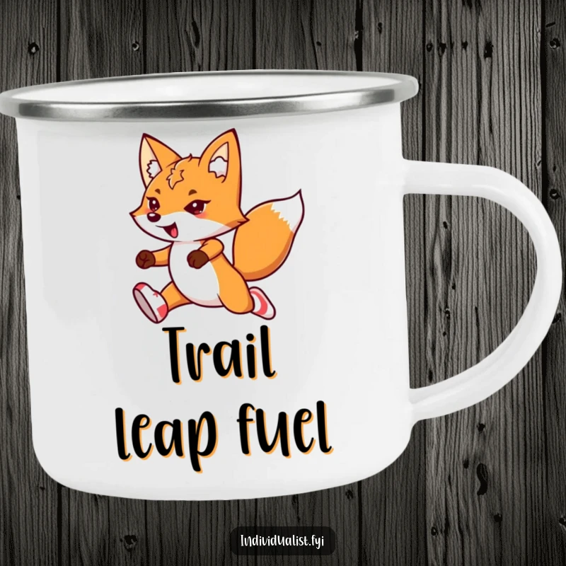 Funny kawaii fox camping mug, showing a determined fox in mismatched socks, leaping with flair, ideal for camping.