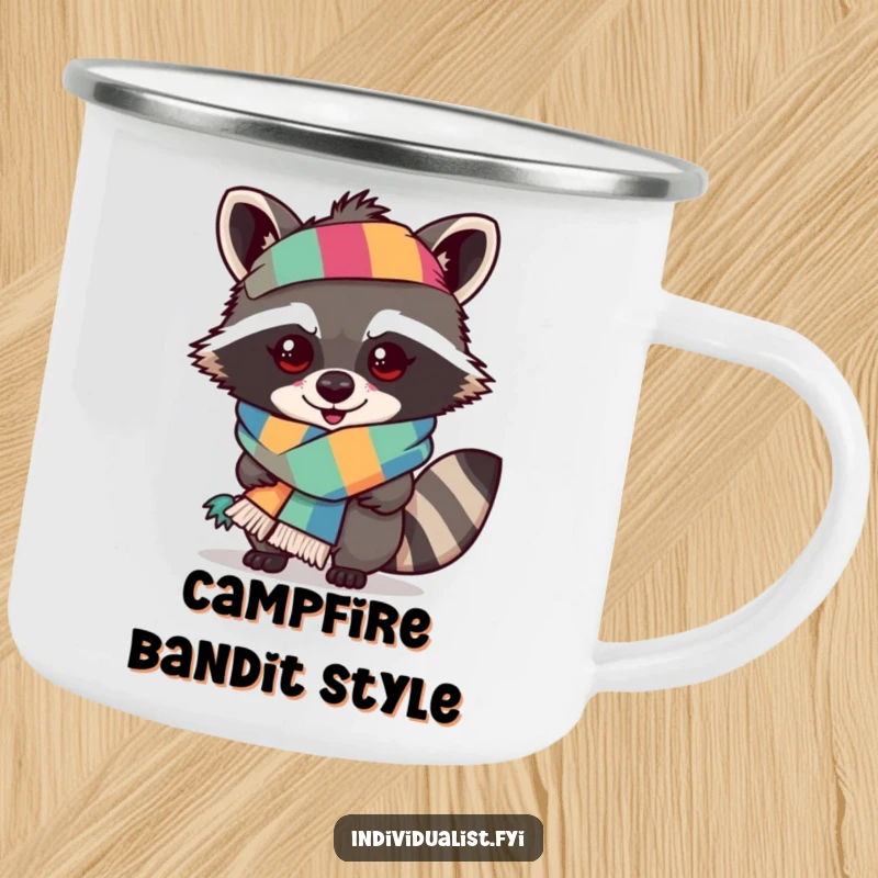 Funny raccoon camping mug, mischievous raccoon wearing an outlandish scarf, outdoor fashion accessory.