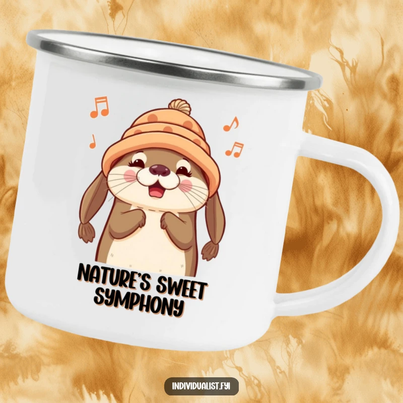 Funny Otter Camping Mug: A cheerful otter in a handmade hat hums a tune from a camping mug.