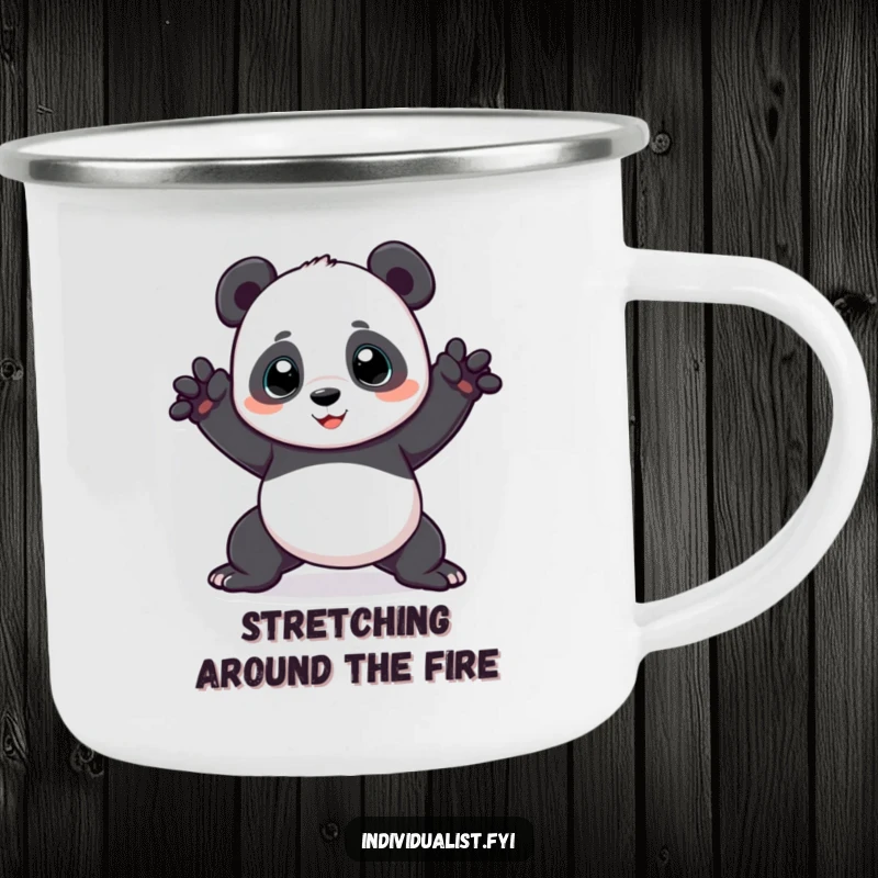 Funny panda enamel camping mug featuring a playful panda in an unusual yoga pose, ideal for outdoor use and humorous gifting.