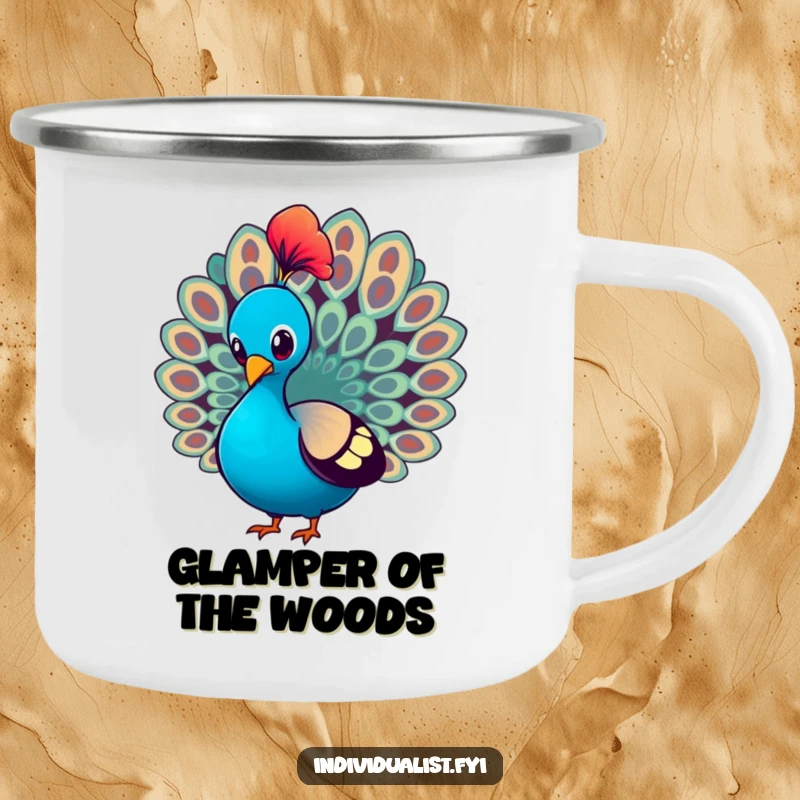 Funny Camping Mug featuring a peacock proudly strutting and showcasing a single, brightly colored feather, ideal for elegant outdoor enjoyment.