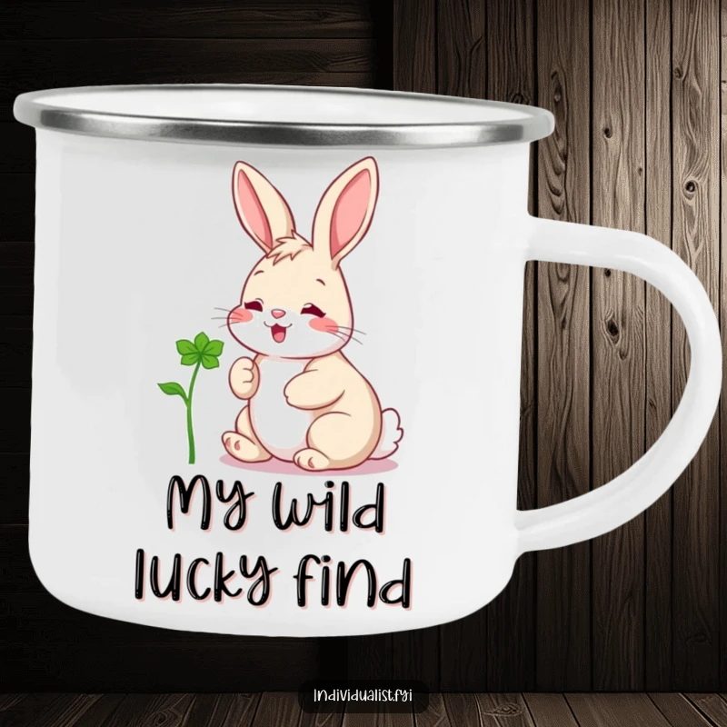 Funny camping mug showing a cheerful rabbit admiring a distinct clover, perfect for outdoor humor and good fortune.