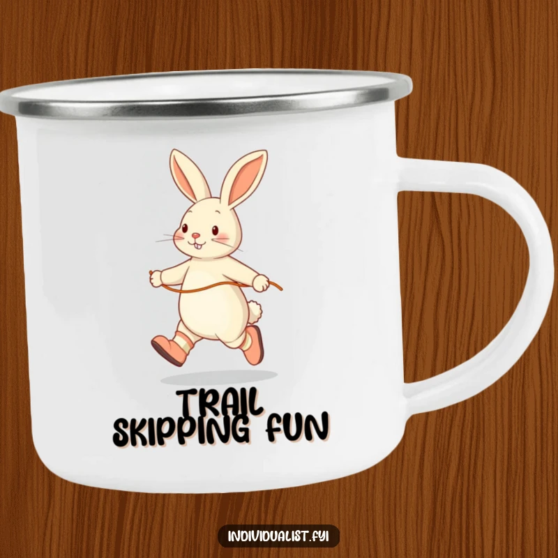 Funny camping mug featuring a happy rabbit skipping rope solo, wearing mismatched socks, perfect for outdoor drinks with playful humor.