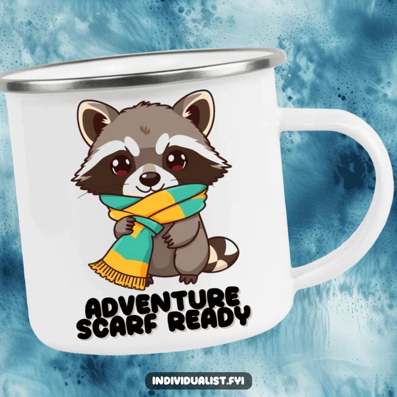 Funny Raccoon Camping Mug showing a playful raccoon bundled in a colorful scarf tied unusually, ready for cozy outdoor sips.