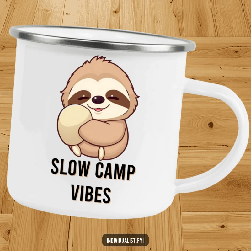 Funny Sloth Camping Mug showing a content sloth wearing one giant glove, perfect for enjoying beverages at a relaxed pace in the great outdoors.