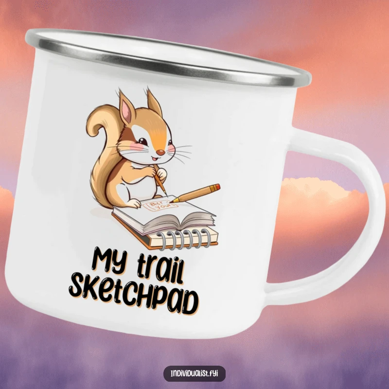 Funny camping mug featuring a content squirrel artist sketching a unique design in a tiny notebook, ready for outdoor creativity.