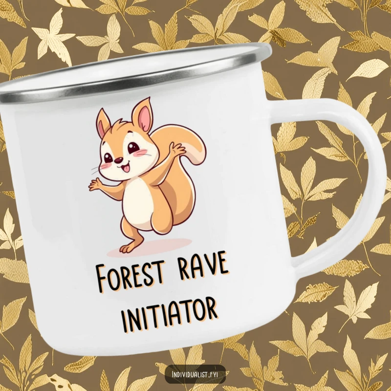 Funny squirrel camping mug with a whimsical character dancing solo by a campfire, under a starry sky. A humorous outdoor companion.