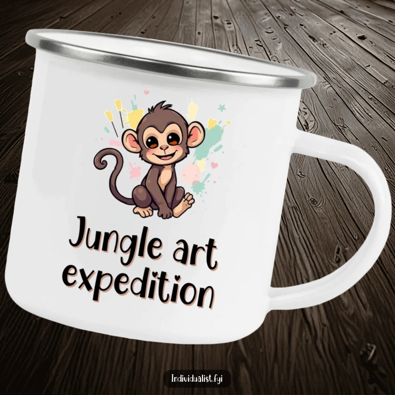 Funny camping mug with a mischievous monkey creating abstract art with its tail, ideal for outdoor enthusiasts.