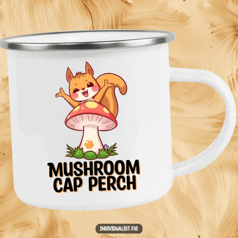 Funny kawaii squirrel camping mug, showing a joyful squirrel in a unique pose on a colorful mushroom, ideal for camping.
