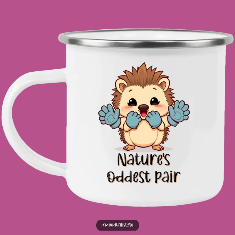 Funny Hedgehog Mismatched Gloves Camping Mug: Adventure Fuel with Humor