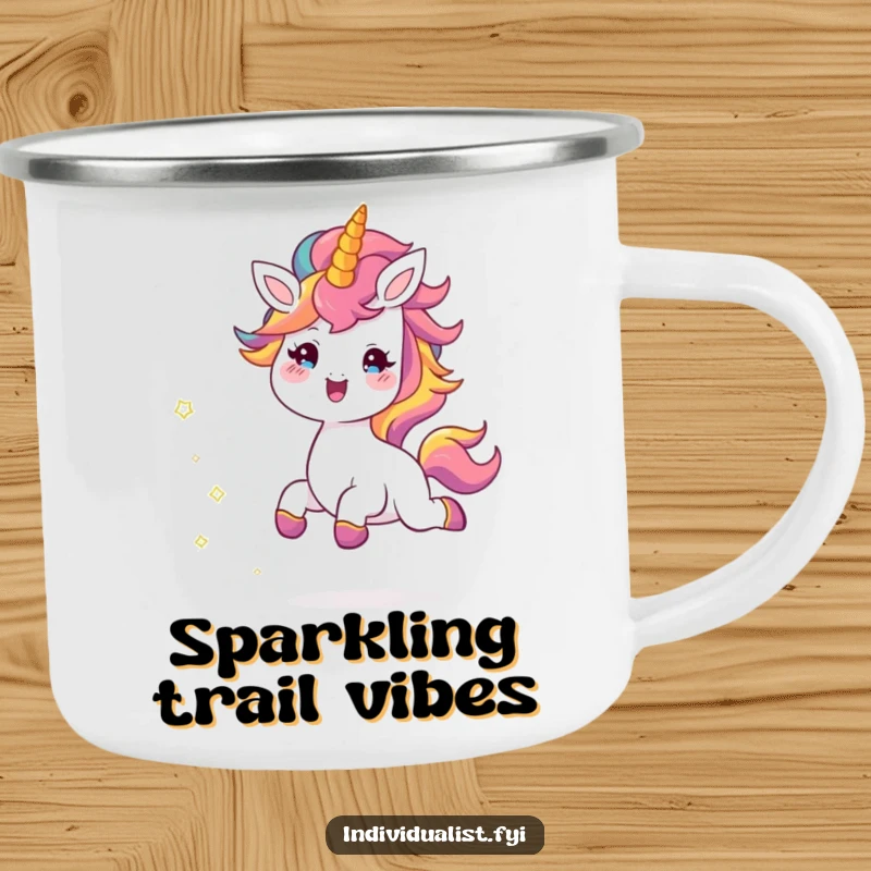 Funny camping mug with a cheerful creature skipping energetically, trailing sparkles, perfect for outdoor adventures and a dose of humor.