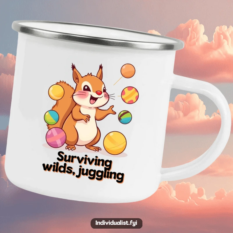 Funny Squirrel Camping Mug: An excited squirrel juggles colorful balls, perfect for enjoying drinks outdoors.