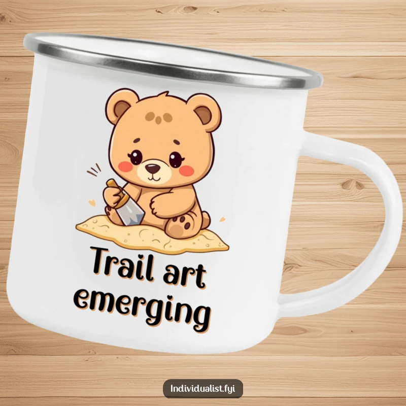 Funny determined bear character focused on creating intricate sand patterns on a durable camping mug for outdoor enjoyment.