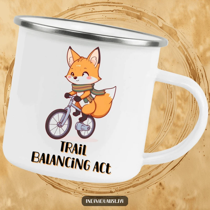 Funny Camping Mug featuring a charming fox with a bright scarf confidently riding a unicycle, inspiring quirky adventures even in the wild.