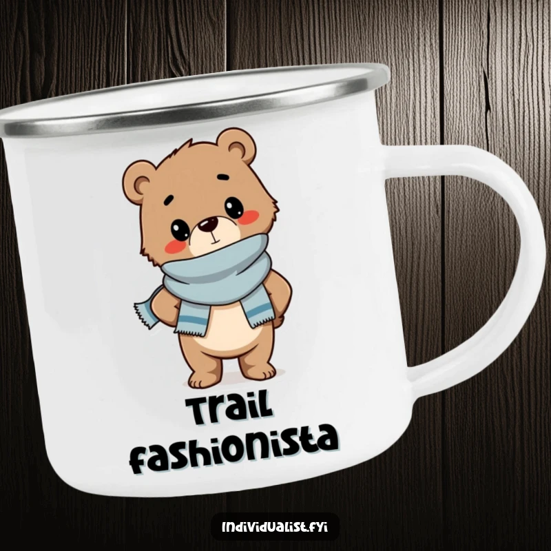 Funny camping mug with a confident bear cub wearing a stylish scarf and posing, perfect for rugged and fashionable outdoor use.
