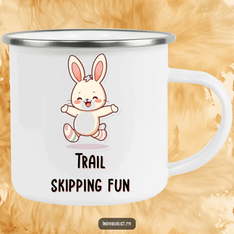 Funny rabbit mismatched socks camping mug featuring a cheerful bunny skipping, perfect for enjoying drinks outdoors with a humorous touch.