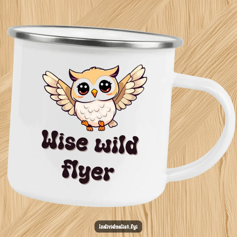 Funny owl soaring camping mug featuring a happy owl with a unique wing pattern, perfect for enjoying drinks outdoors with a humorous touch.