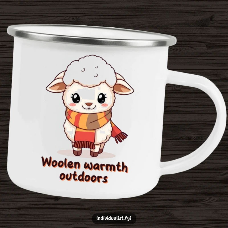Funny camping mug with a fluffy sheep wearing a stylish, quirky scarf, ready for outdoor adventures.