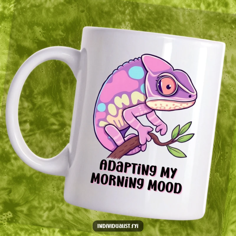 Funny Chameleon Mug: Curious chameleon changing to a single vibrant hue, showcasing adaptability and humor.