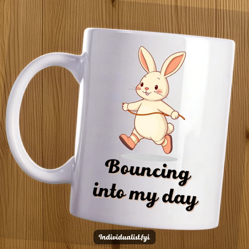 Funny mug featuring a happy rabbit skipping rope solo, wearing mismatched socks, embodying joyful activity and humor.