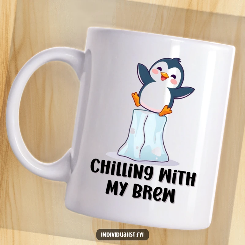Funny Penguin Mug: Joyful penguin enthusiastically balances on a tall ice block, exuding fun and humor.