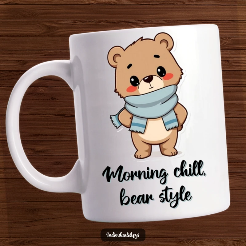 Funny mug of a confident bear cub wearing a fashionable scarf and striking a stylish pose, exuding charm and warmth.