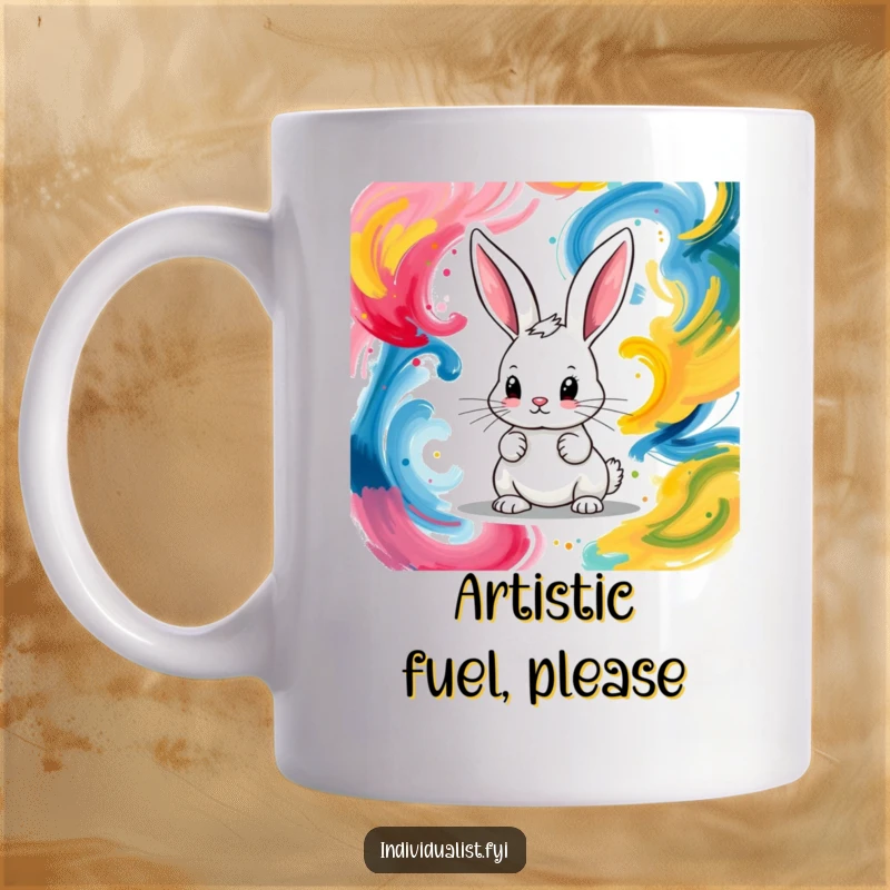 Funny mug featuring a determined bunny artistically painting abstract swirls with colorful paints, focused and inspired.