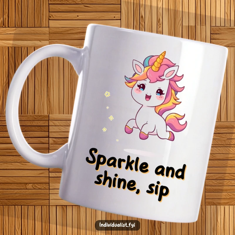 Funny mug with a cheerful creature skipping happily, trailing sparkles from its colorful mane, conveying pure delight and energy.
