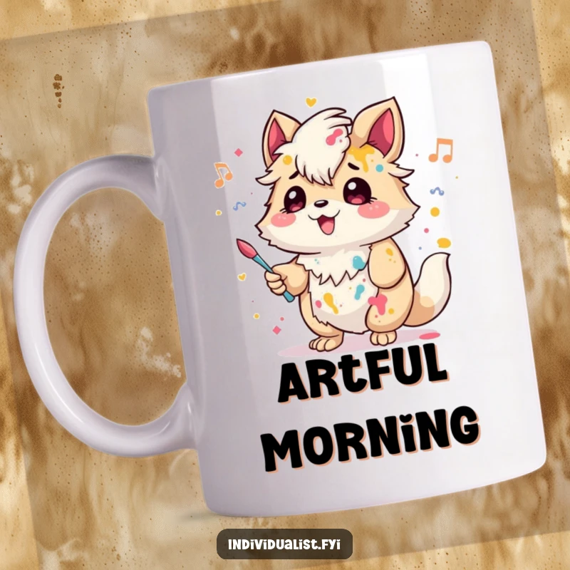Funny Mug: A creative creature with a splash of paint adorning its fur happily hums a cheerful tune, embodying artistic joy.