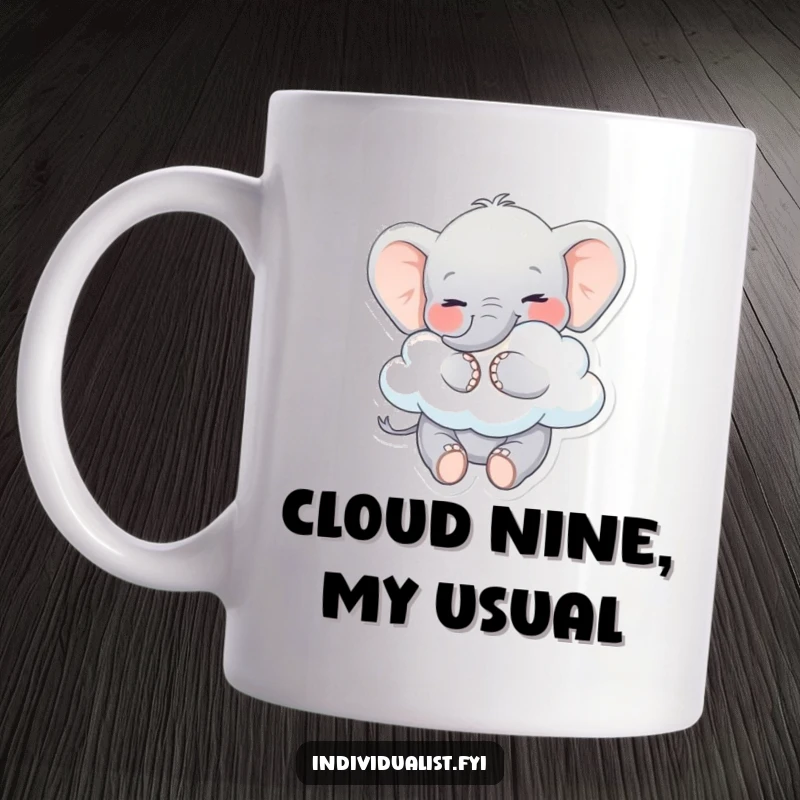 Funny Elephant Mug: Playful elephant smiling, embracing a uniquely shaped cloud, conveying happiness and whimsy.