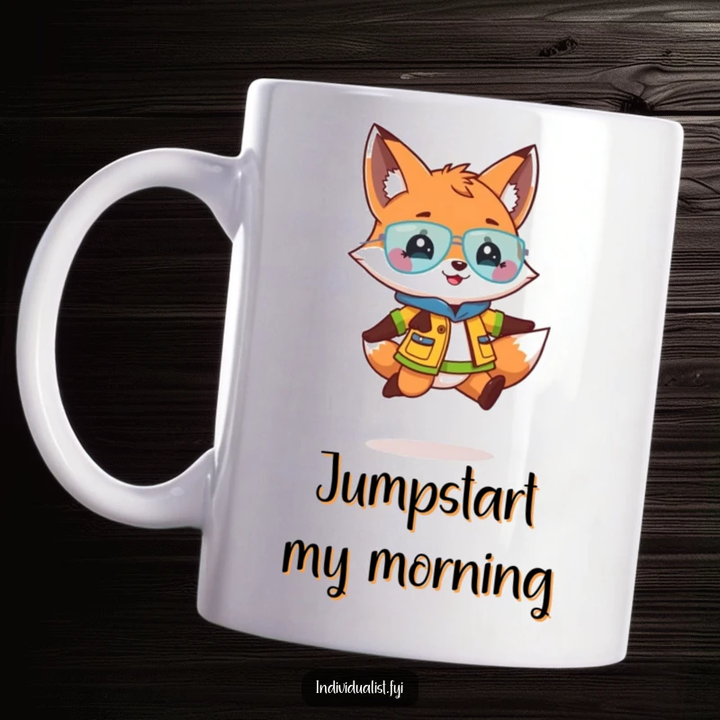 Funny mug featuring a playful fox in a bright, distinct outfit performing a joyful mid-air jump with a mischievous grin.