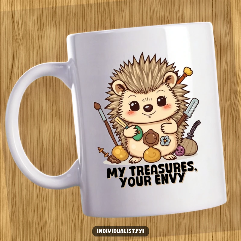 Funny Mug: A proud hedgehog displays an assortment of peculiar, found objects, showcasing a collector's unique and quirky taste.