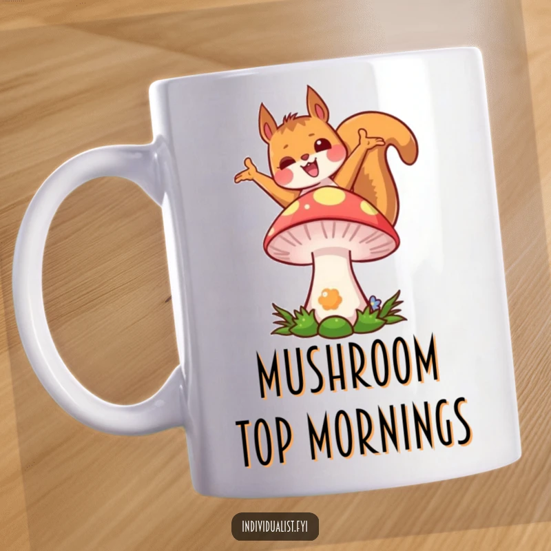 Funny kawaii squirrel mug, striking a joyful, unique pose atop a vibrantly colored mushroom, radiating happiness.
