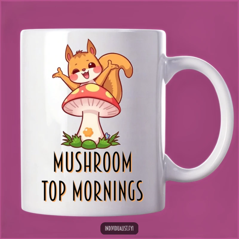 Funny Kawaii Squirrel Mug: Joyful Pose, Colorful Mushroom, Whimsical Gift