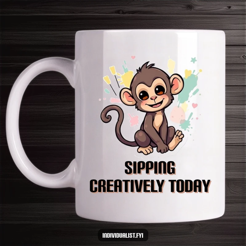 Funny mug depicting a mischievous monkey gleefully painting abstract art using its tail, showcasing playful chaos.