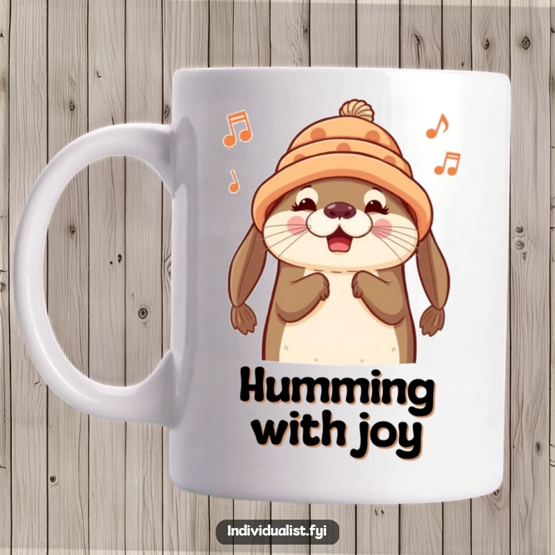 Funny Otter Mug: A cheerful otter wearing a unique handmade hat happily hums a tune, radiating joy.