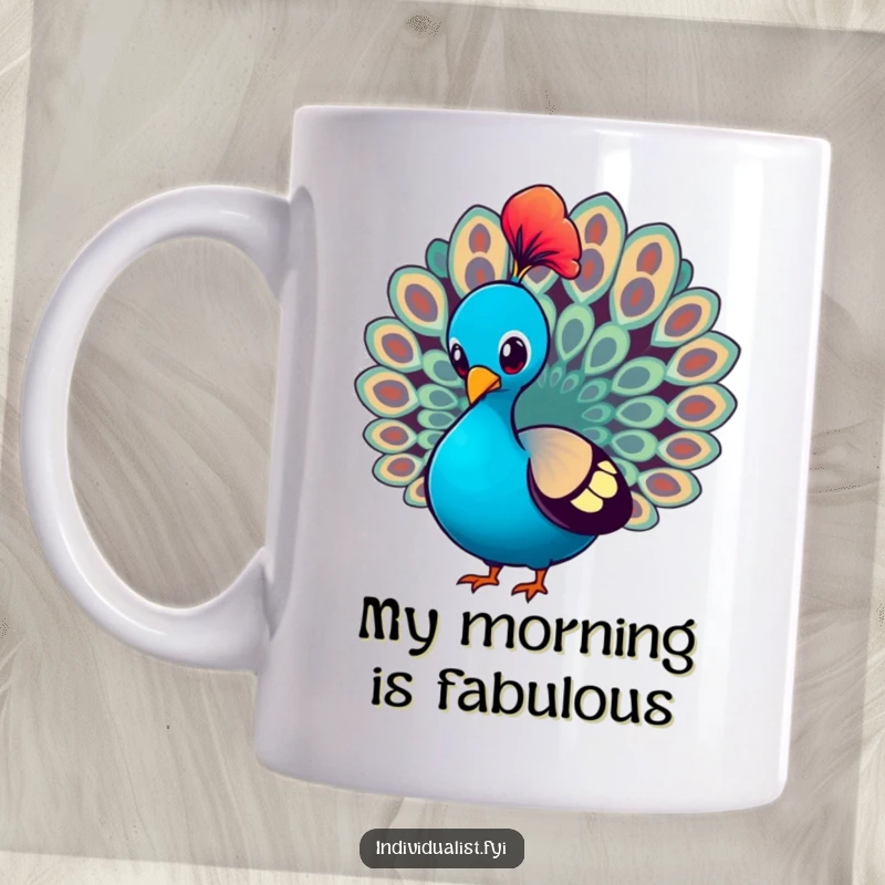 Funny Mug featuring a peacock proudly strutting and showcasing a single, vibrantly colored feather with undeniable confidence.