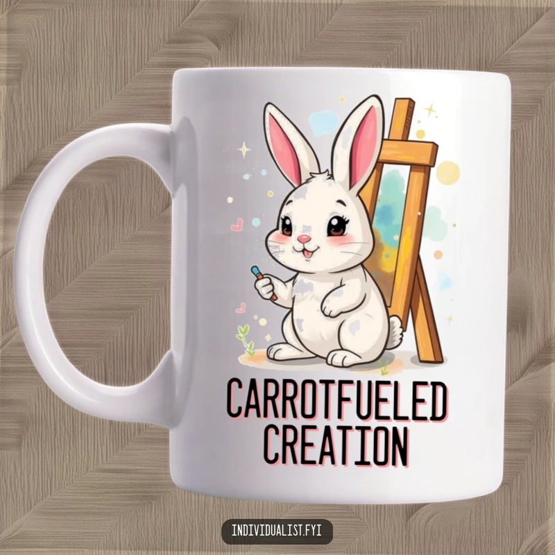 Funny mug of a cheerful rabbit passionately painting a vibrant, surreal, abstract art piece with a joyful expression.
