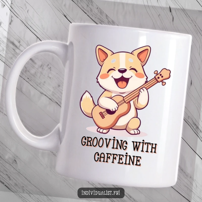 Funny, joyful dog character enthusiastically playing a uniquely shaped instrument with a happy expression on this amusing mug.