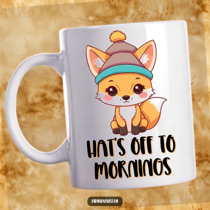 Funny mug showcasing a curious fox sporting a unique, brightly colored hat with personality.
