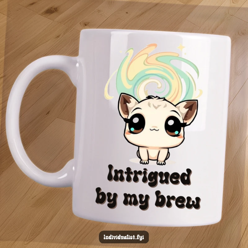 Funny mug with a curious creature gazing intently at a swirling abstract pattern, expressing wonder and deep thought with expressive eyes.