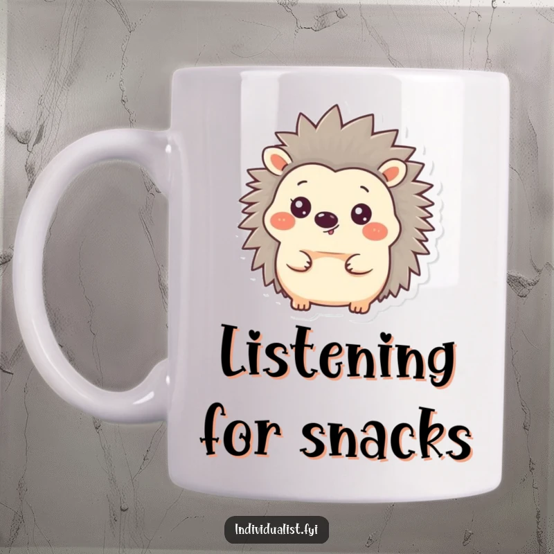 Funny Hedgehog Mug featuring a jubilant hedgehog with one prominent ear sticking straight up, radiating happiness and a touch of silliness.