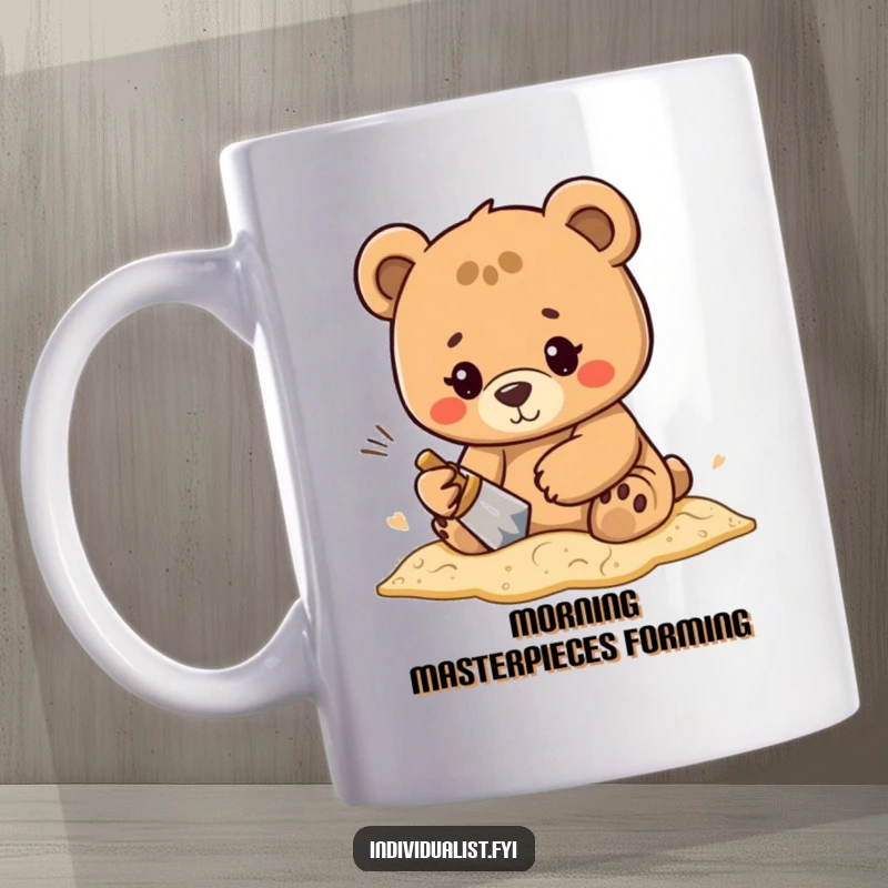 Funny, determined bear character meticulously forging a unique, swirling pattern in wet sand on this creative mug.