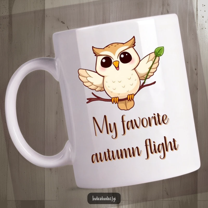 Funny owl mug featuring a joyful owl in mid-flight, clutching a uniquely shaped leaf with a happy expression.
