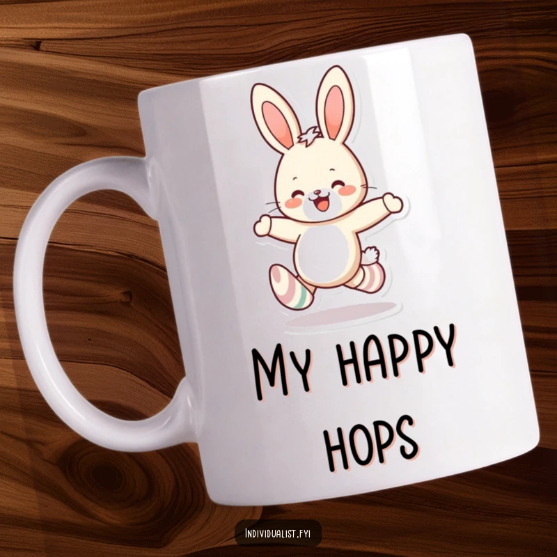Funny rabbit mismatched socks mug featuring a cheerful bunny skipping joyfully, embodying quirky happiness and playful fashion.