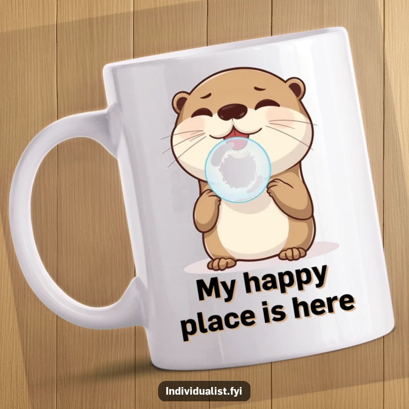 Funny Otter Mug: A joyful otter balances a single, perfectly round bubble on its nose, showcasing playful focus and delight, a great funny gift.